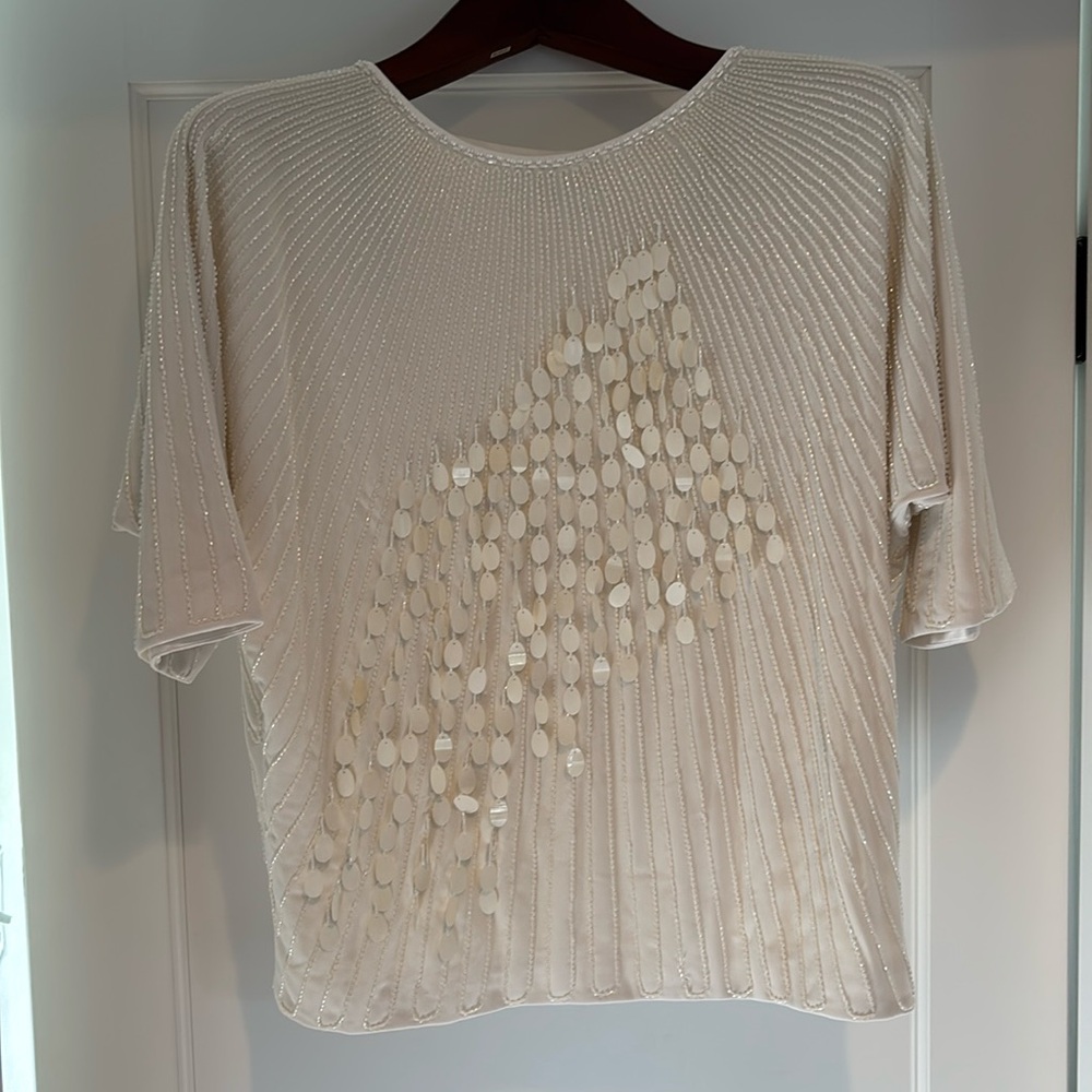 Rachel Zoe short sleeve batwing blouse with beads & sequins in snow color